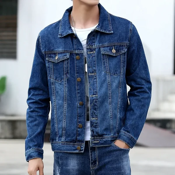 Single Breasted Turn Down Collar Denim Jacket Men